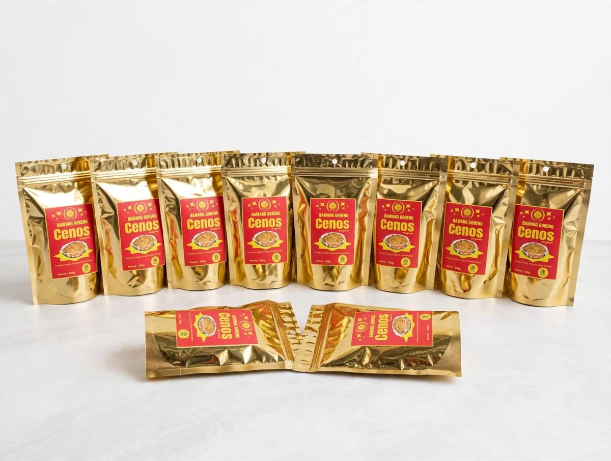 Kemasan standing pouch emas 100g Bawang Goreng Cenos